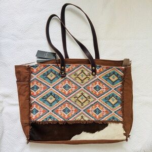 Myra XL Weekender Bag/Tote Bag in Brown, Turquoise & Orange